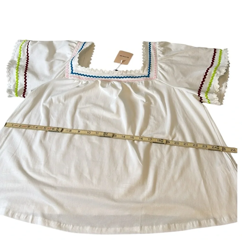 NWT Bloomchic Size 14 16 White Peasant Boho Square Neck Top With Rick Rack Trim
